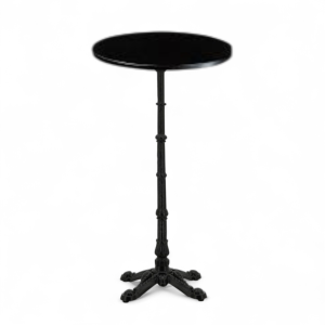 Black round Paris-style bar table with ornate cast iron pedestal base, cocktail height, suitable for events and functions